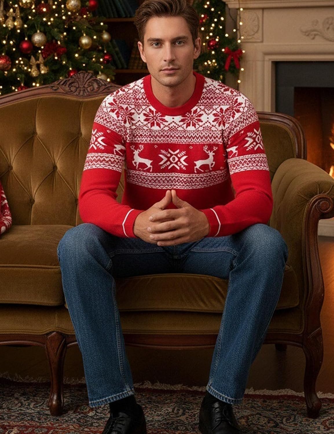 Detalle de Jahetuul Pull de Noël homme à col rond : renne et flocon, manches longues