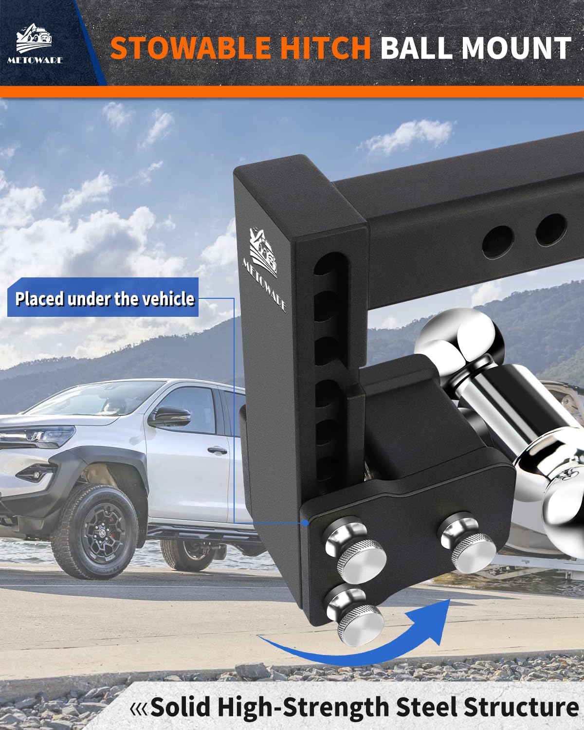 Detalle de METOWARE Adjustable Trailer Hitch with Dual Ball and 6-Inch Drop/Rise for 2-Inch Receivers