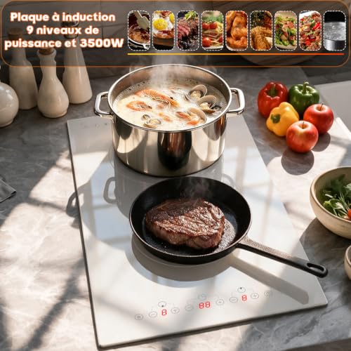 Detalle de Karinear Plaque Induction Blanc 2 Feux – 3500 W, Boost, Pratique et Facile à installer