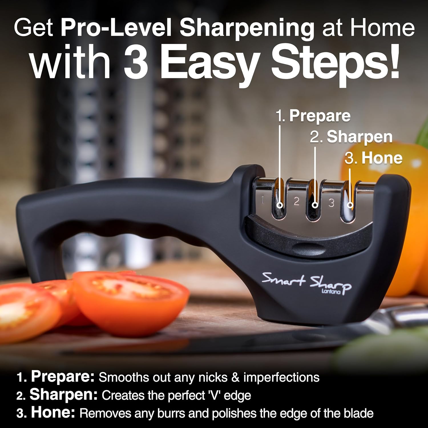 Detalle 2 de Lantana Smart Sharp 3-Stage Manual Knife Sharpener (ceramic stone, tungsten carbide & diamond) – Black/Chrome