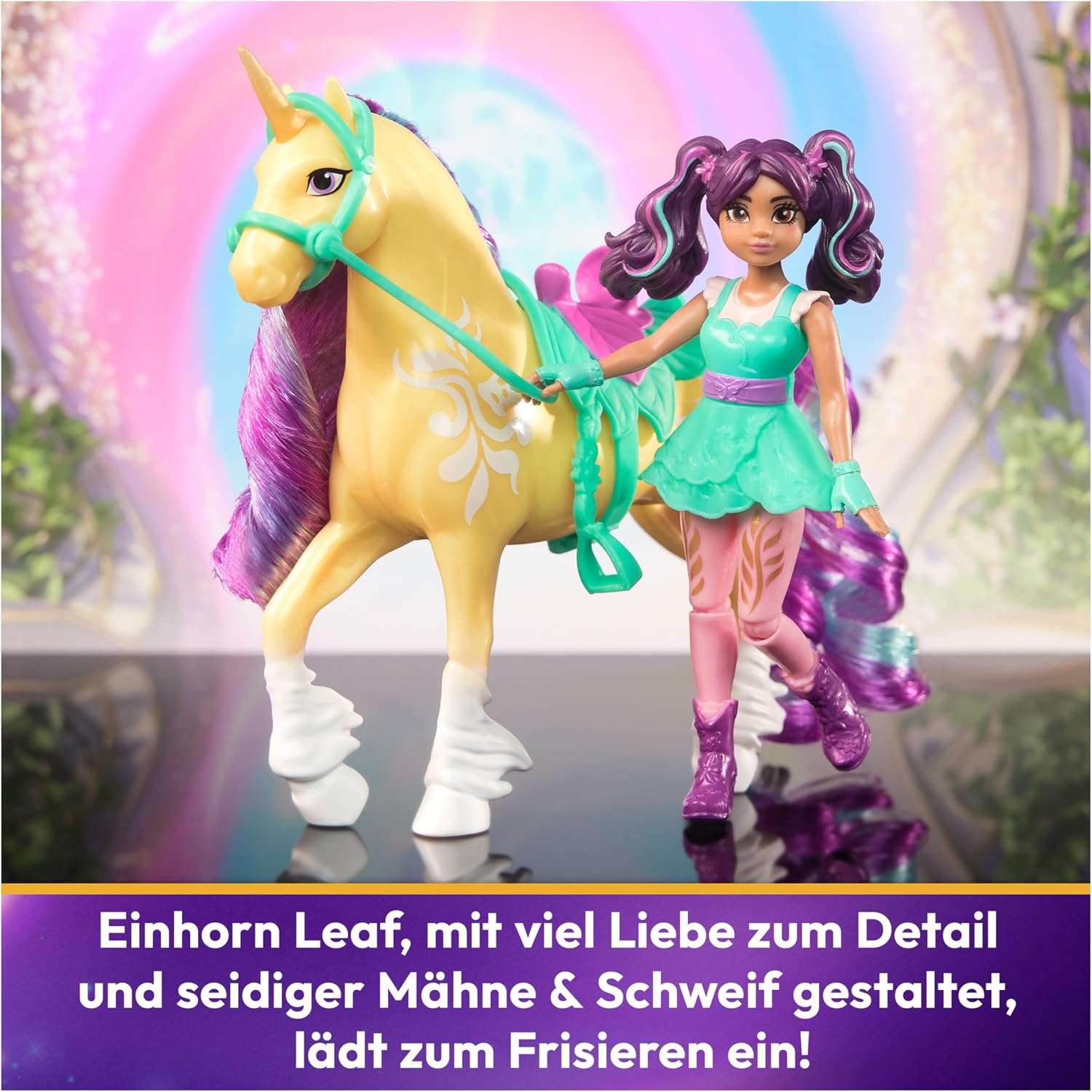 Detalle de Unicorn Academy AVA und Einhorn Leaf Set (ca. 12 cm) – Artikulationspuppe mit 2 Accessoires und Haarbürste, ab 4 Jahren