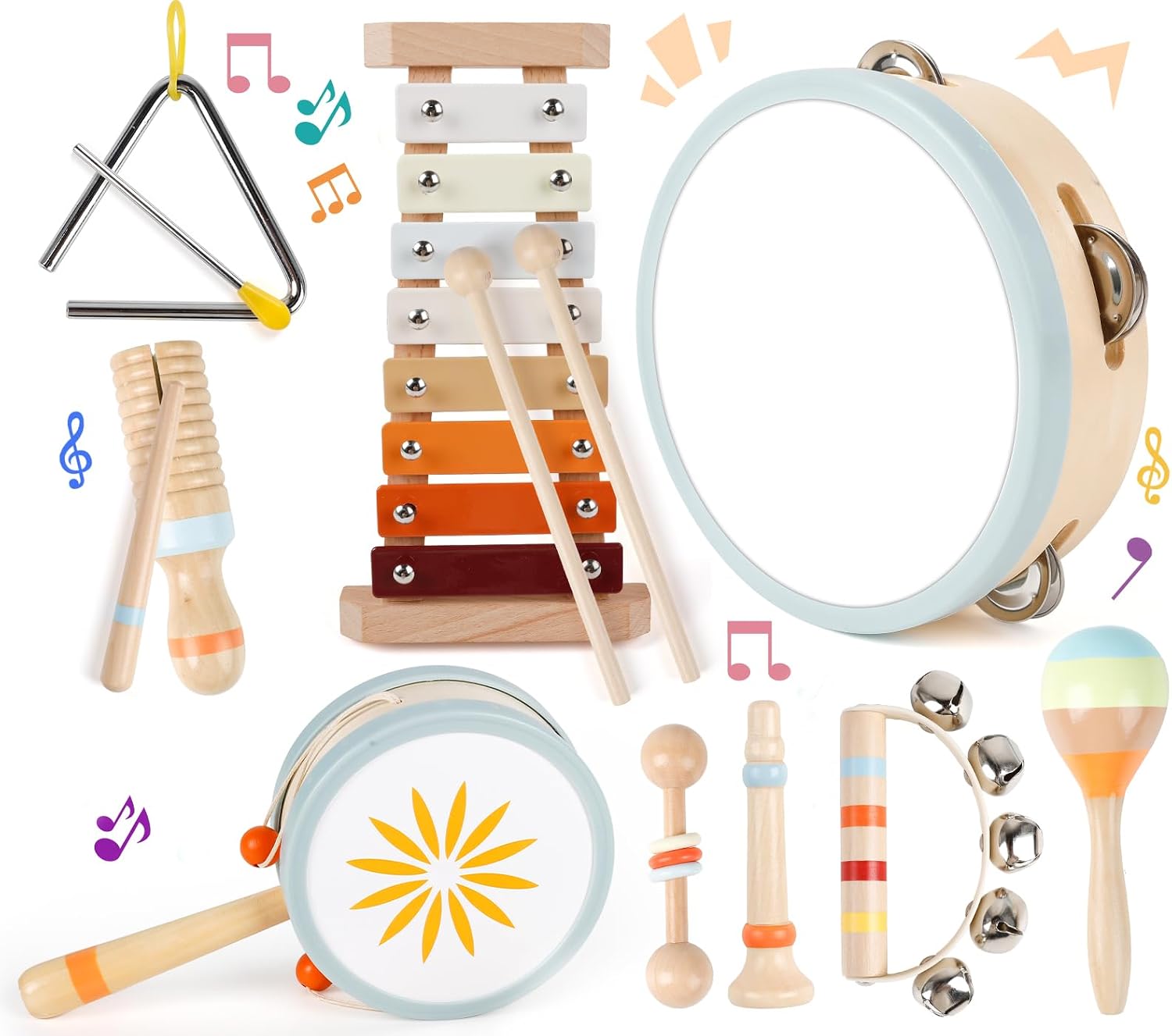Detalle de Wooden Toddler Musical Instruments Set 9PCS โ Montessori xylophone ๐ถ