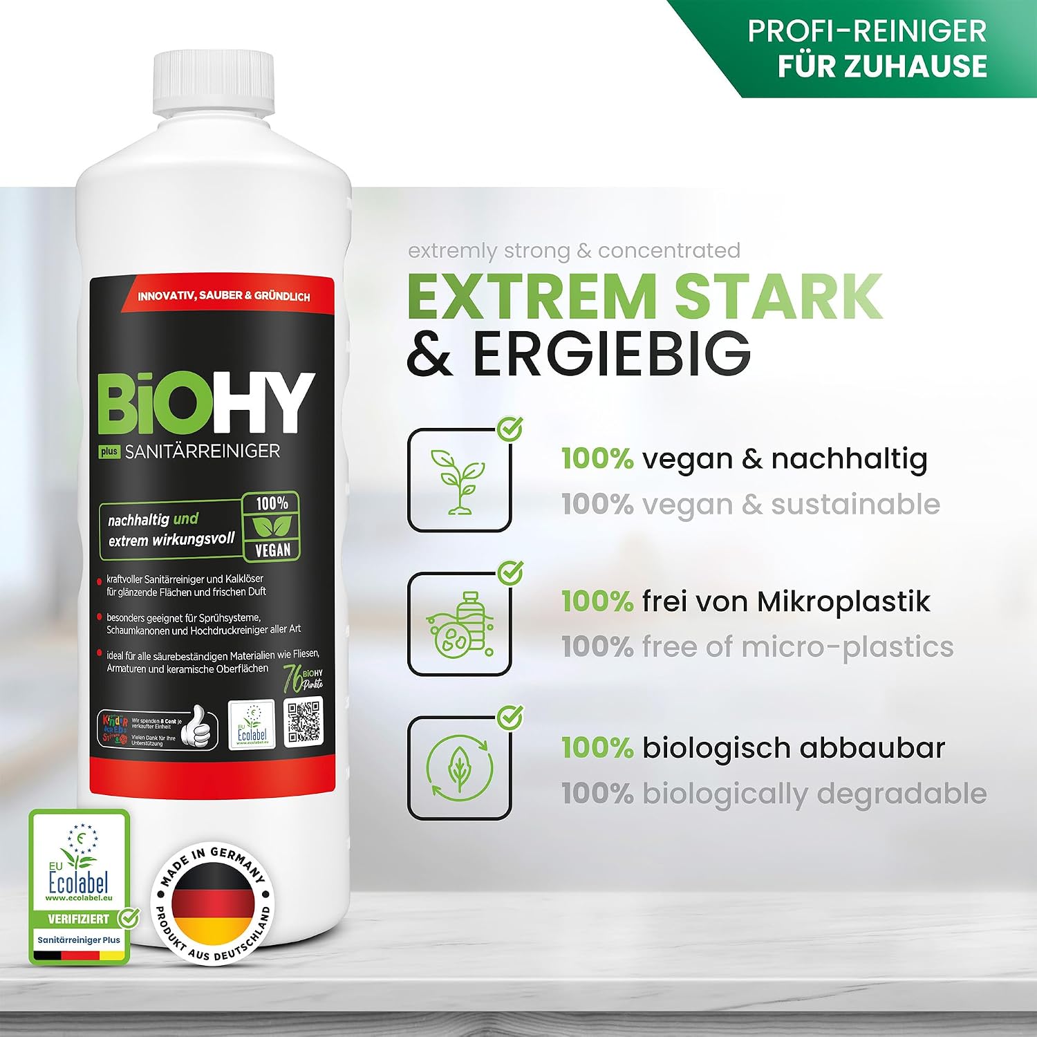 Detalle de BiOHY Sanitärreiniger Plus – Kalkentferner Konzentrat für Fliesen, Dusche & WC (1 l) mit EU Ecolabel