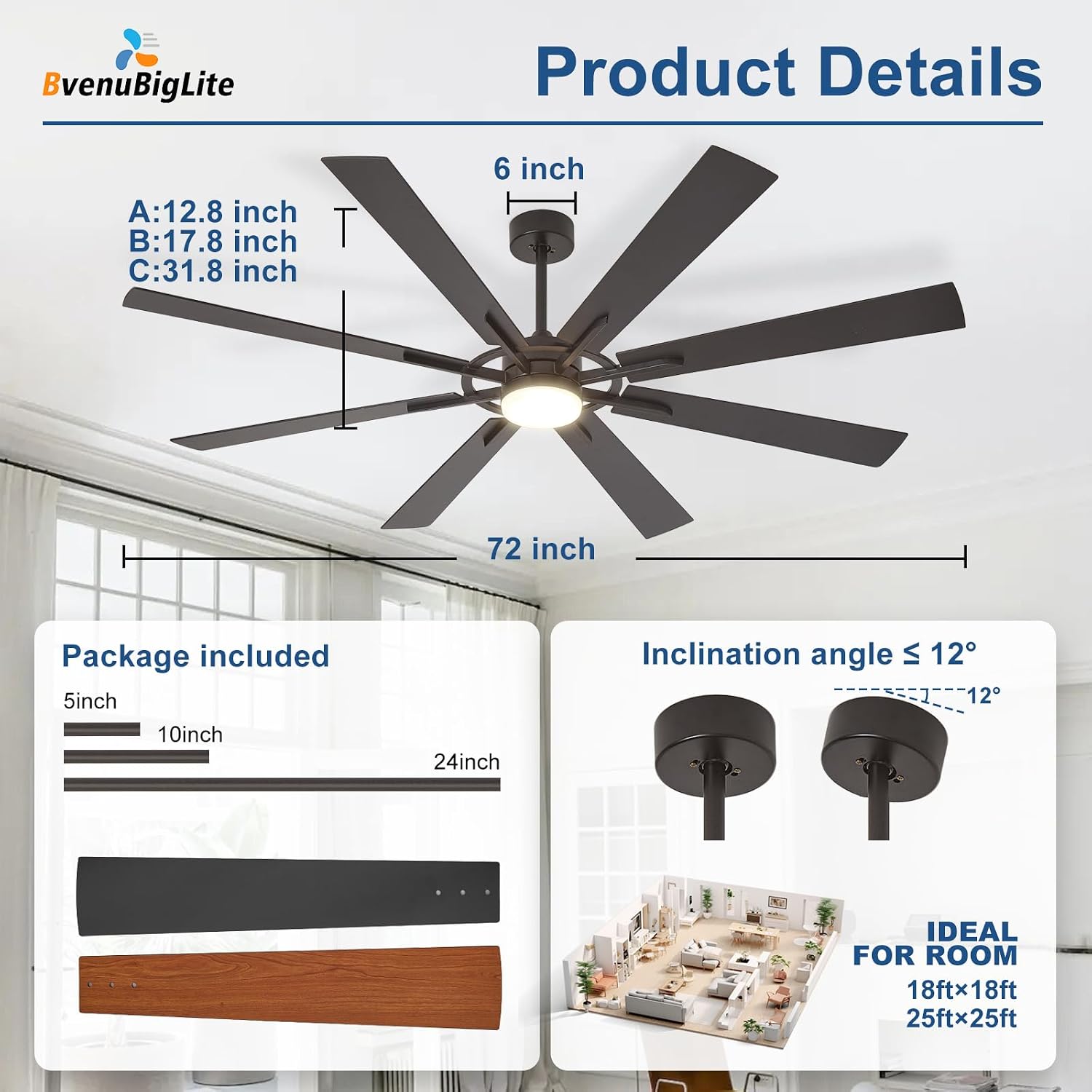 Detalle de BvenuBigLite 72-Inch Outdoor Ceiling Fan with Lights (8-Blade, DC Motor, App & Remote)