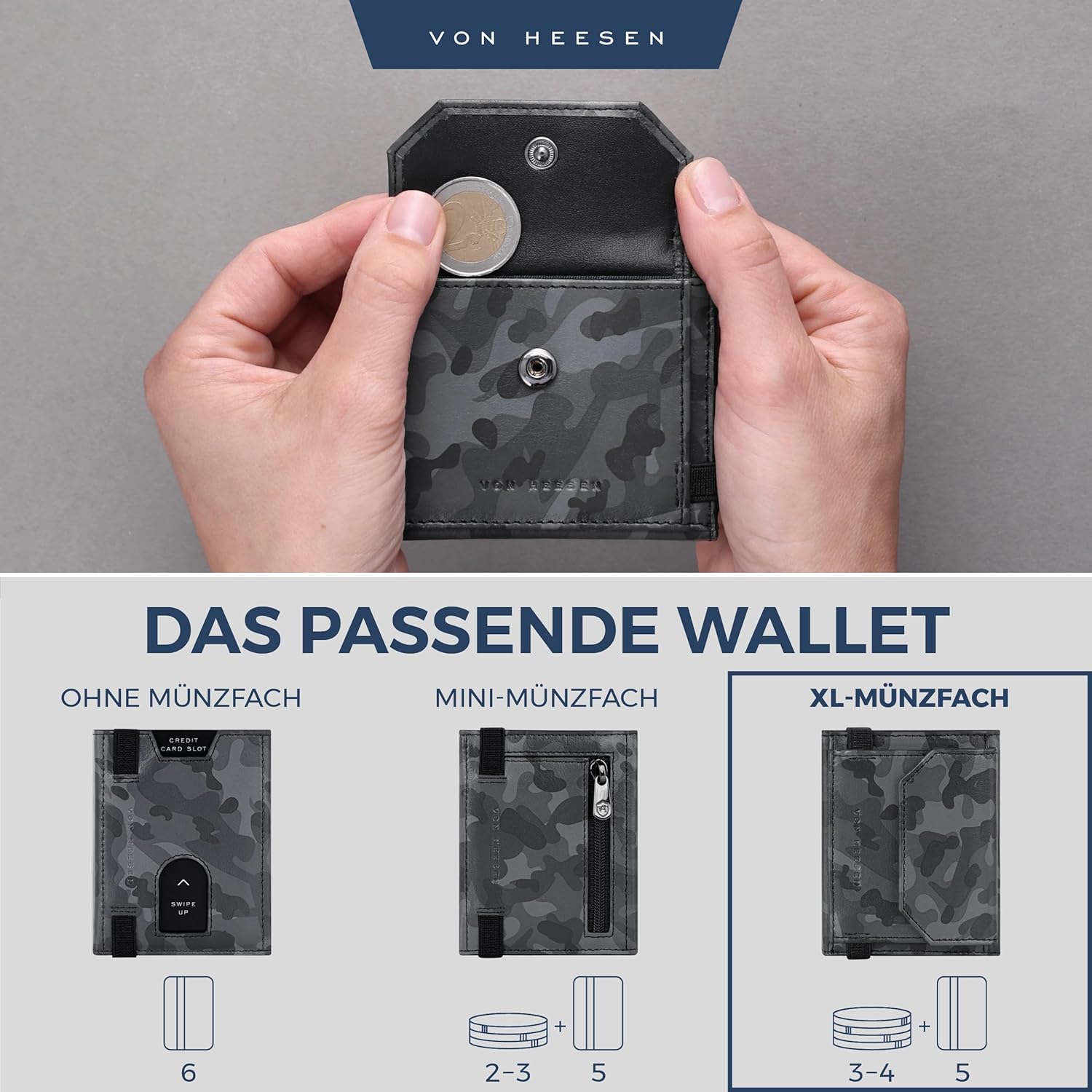 Thumbnail 5 de VON HEESEN Slim Wallet mit XL Münzfach & RFID-Schutz – echtes Nappa Leder Kartenetui im Camouflage-Design