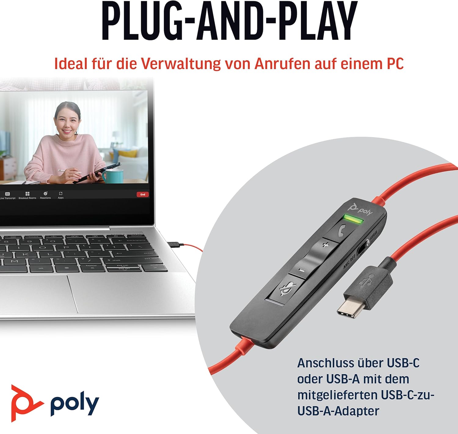 Thumbnail 5 de Poly Headset Blackwire C8225 mit USB-A/C – hybrides Active Noise Cancelling für konzentriertes Arbeiten