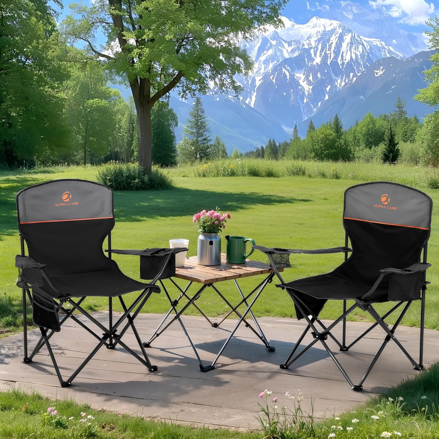 Thumbnail 1 de LET'S CAMP 2 Pack Folding Camping Chairs with 3-Can Cooler Bag (Black)
