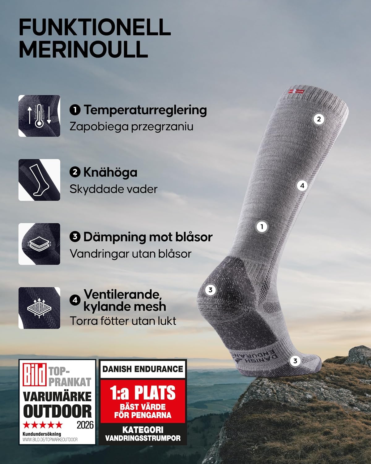 Detalle 2 de DANISH ENDURANCE knähöga vandringsstrumpor i merinoull med dämpning
