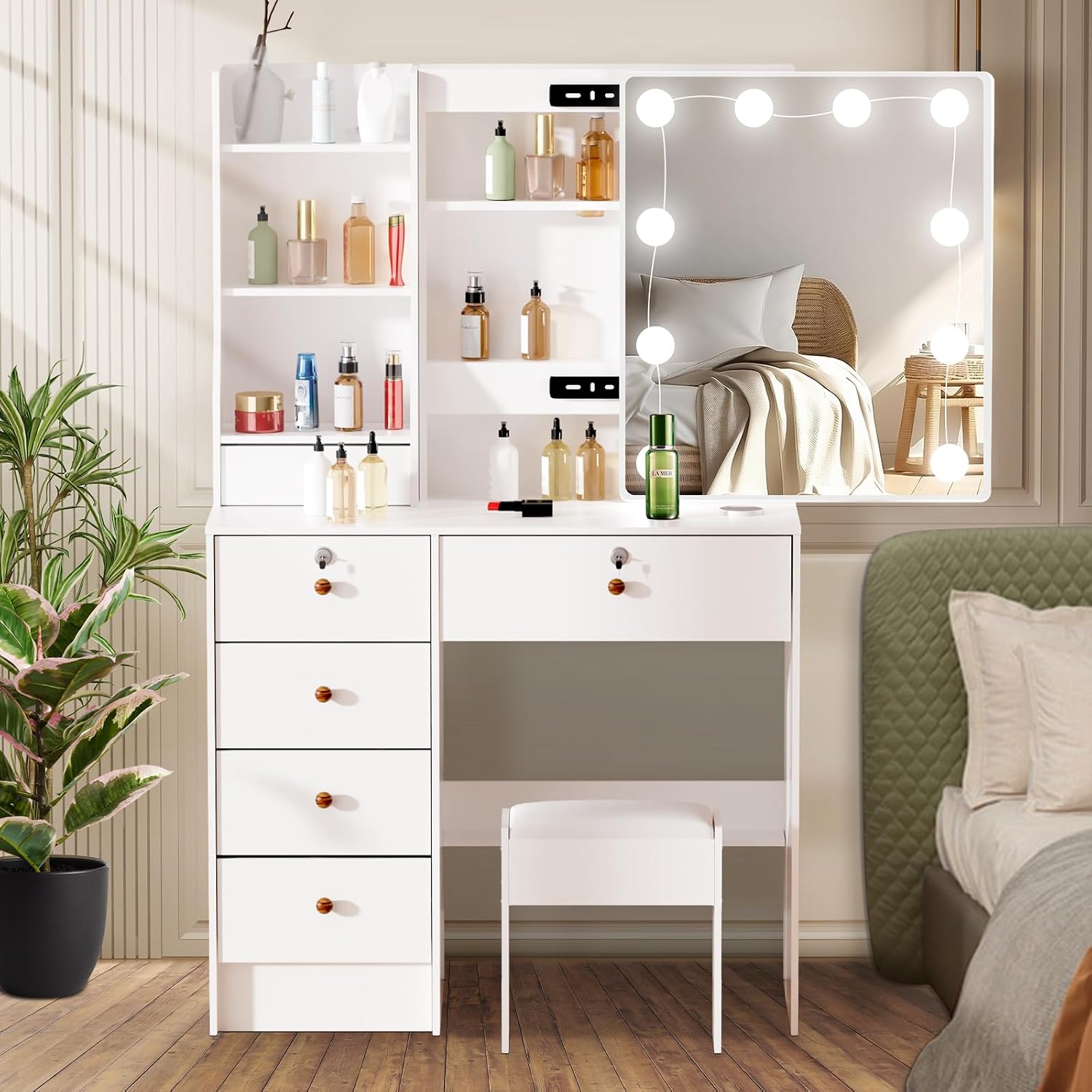 Detalle de Dradaomull 15 sminkbord med LED-spegel, 10 lampor och 6 lådor