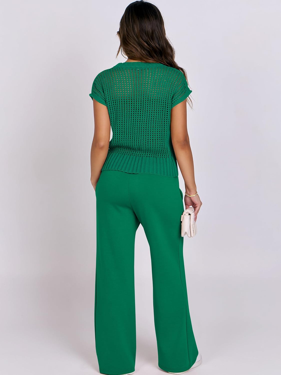 Thumbnail 2 de ANRABESS Women Two-Piece Crochet Sheer Knit Sweater Top & Wide-Leg Pants Set