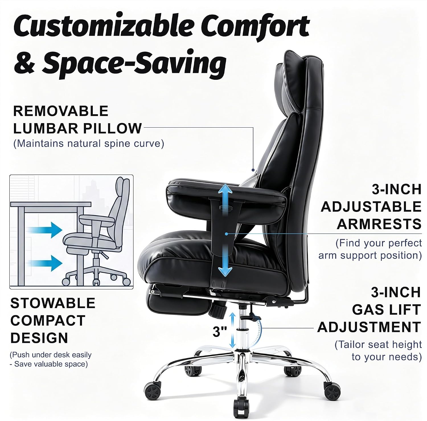 Thumbnail 6 de Efomao 3084PAE Black Executive Office Chair with Pocket Springs and Footrest