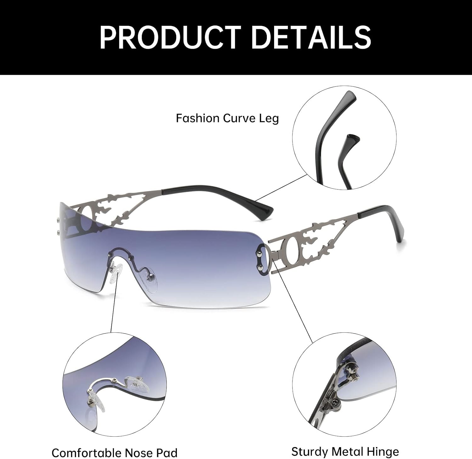 Detalle de YAMEIZE Trendige randlose Y2K Wraparound Sonnenbrille – Oversized, UV400, für Sie & Ihn