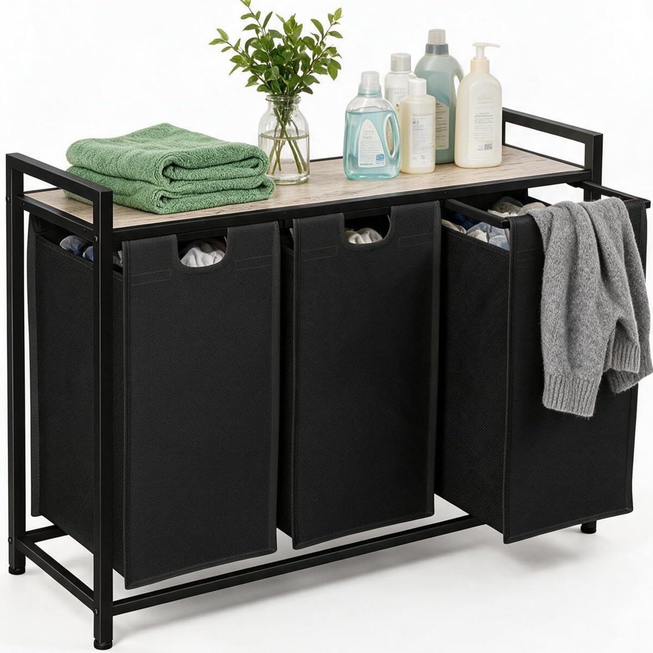 Detalle de AMHANCIBLE EHLS03GY Laundry Hamper, 3 Compartments, Shelf, 114 L