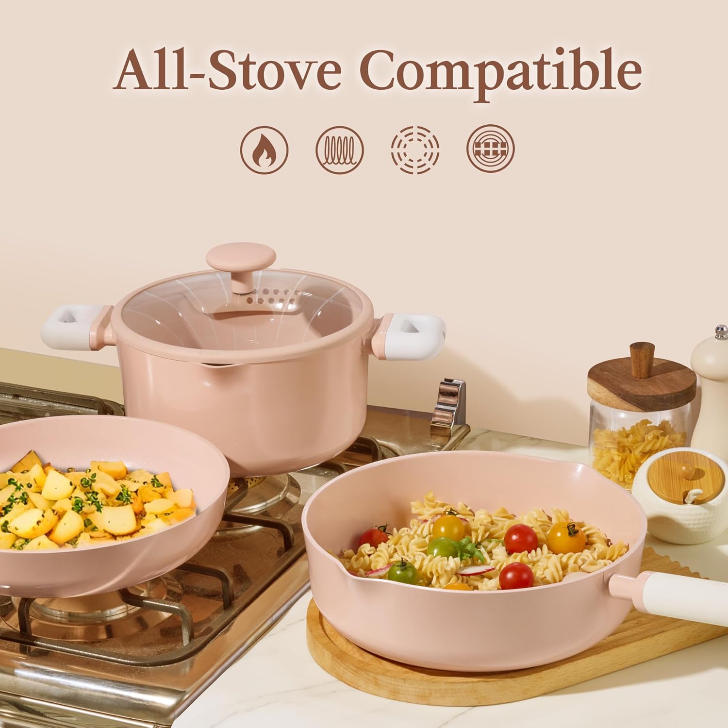 Thumbnail 5 de CAROTE 9-Piece Ceramic Nonstick Pots and Pans Set (PFAS/PTFE Free) with Steamer, Pink