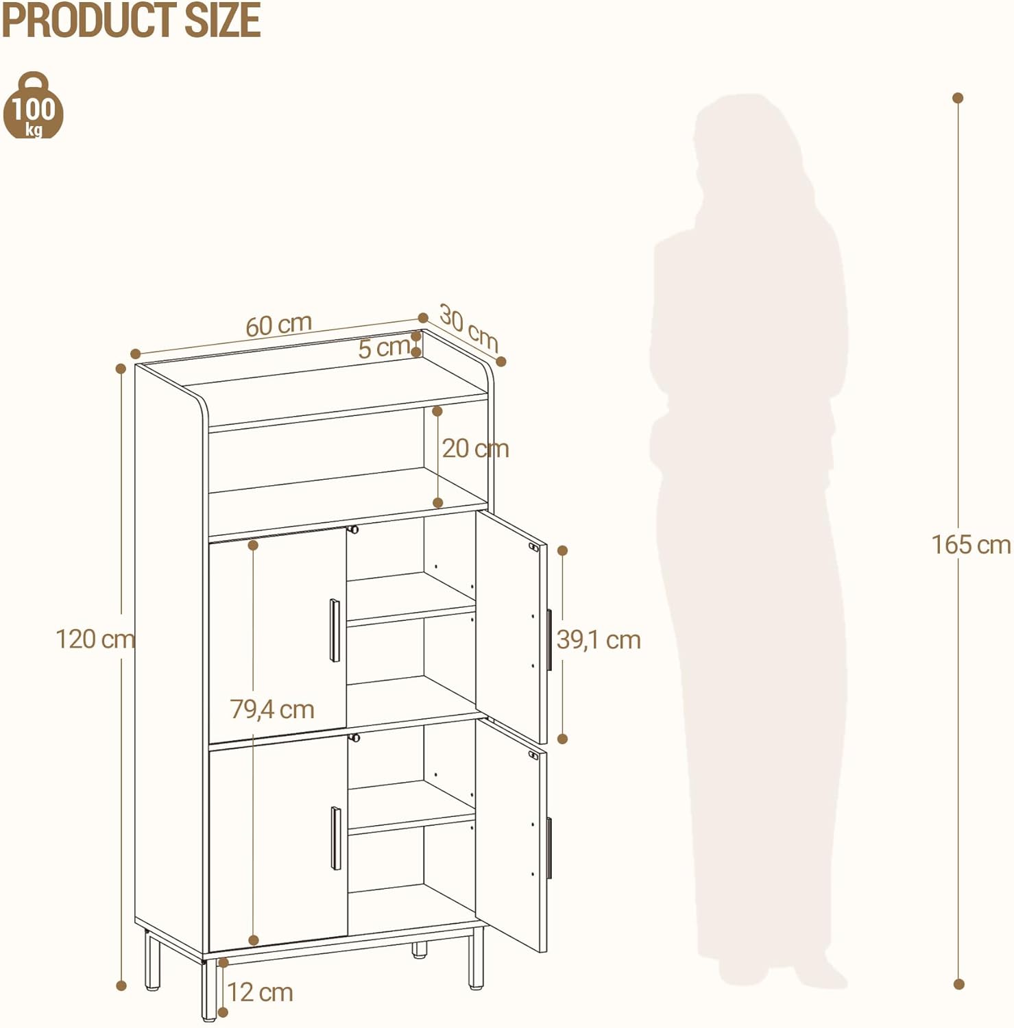 Thumbnail 2 de Hzuaneri Meuble Salle de Bain – Armoire de rangement 30 x 60 x 120 cm, 4 portes et 1 espace ouvert, MDF FSC, blanc SC45613W