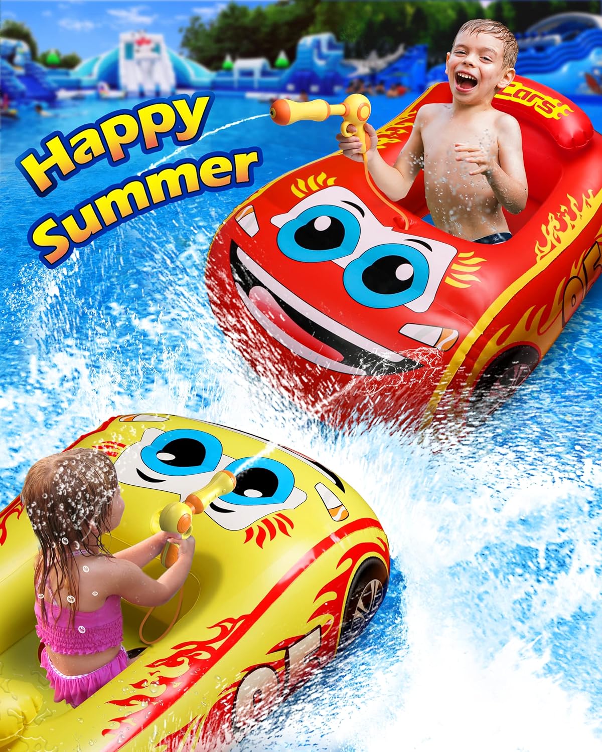 Detalle de HopeRock Kids Pool Float with Water Gun — Inflatable Car Ride-on for Ages 3–8 (Red)