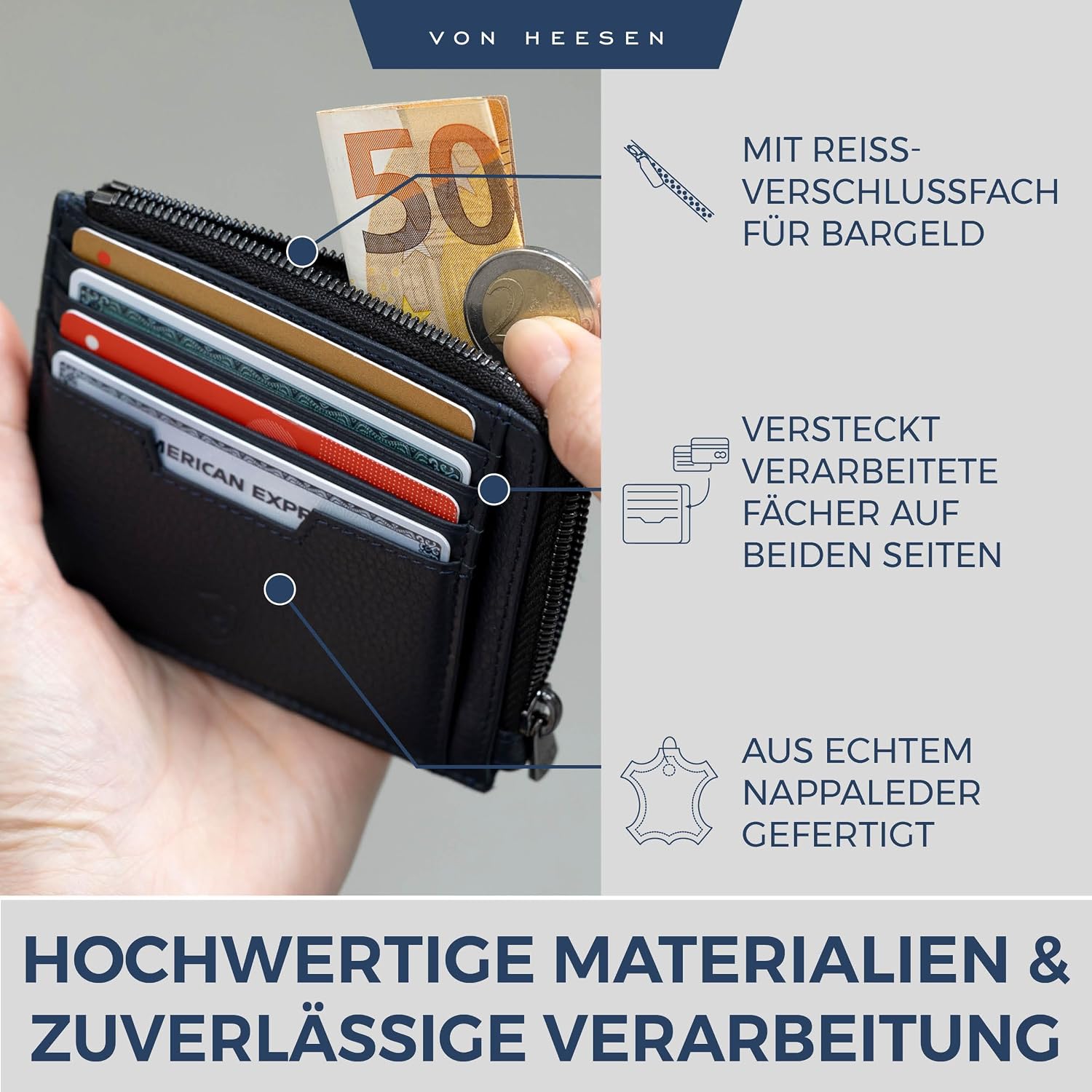 Detalle de VON HEESEN Leder Kartenetui Geldbörse – Medium, Dunkelblau