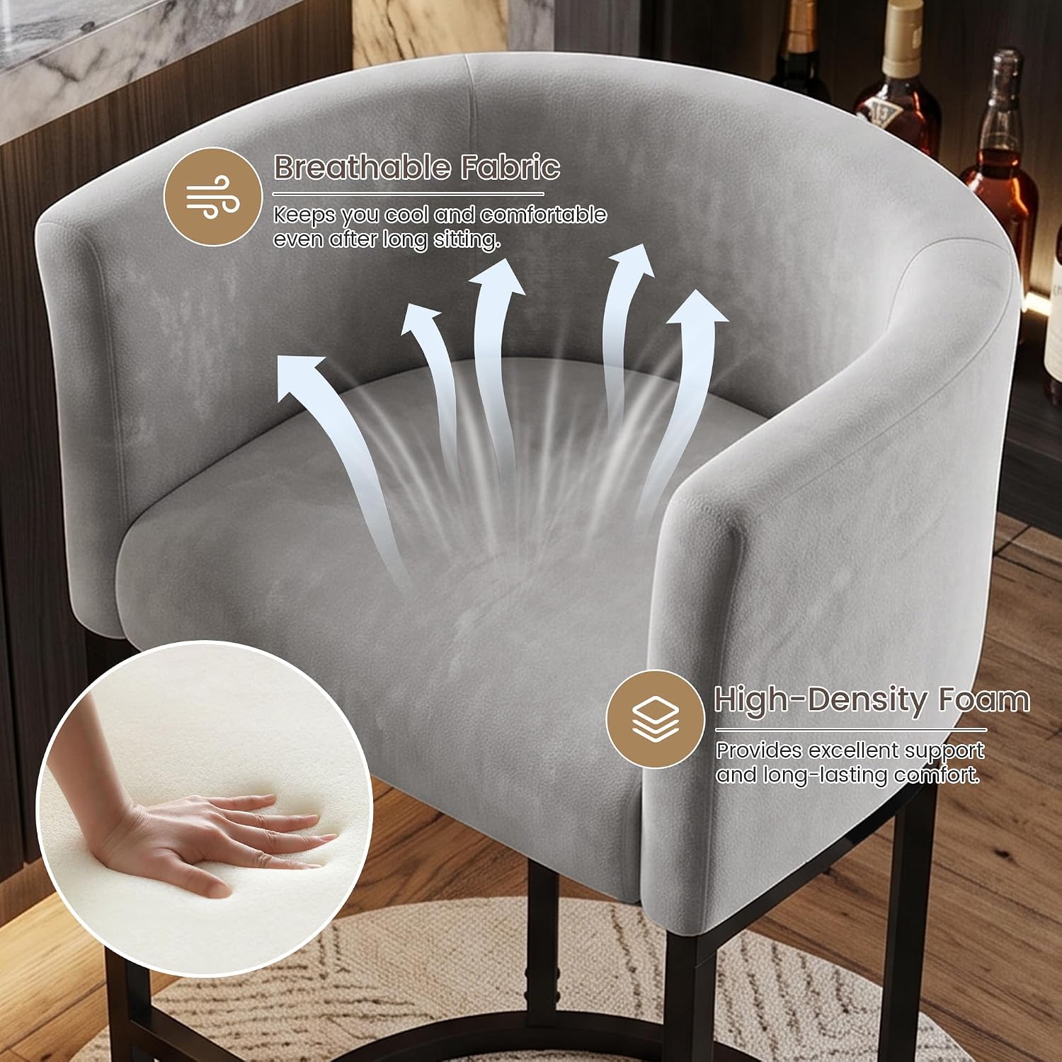 Detalle 2 de GRUSIGN BY-TEZ Chenille Counter-Height Bar Stools, Set of 4, Gray
