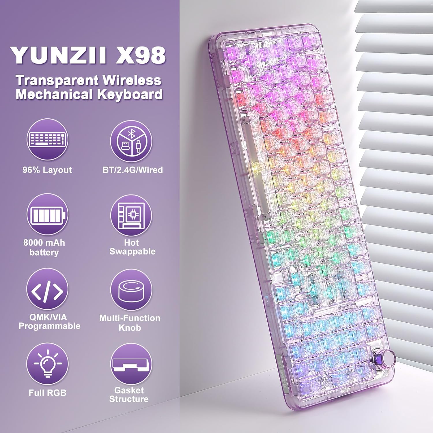 Thumbnail 1 de YUNZII X98 QMK/VIA Tri-Mode Wireless Mechanical Keyboard with Knob (Purple, Crystal Switch)