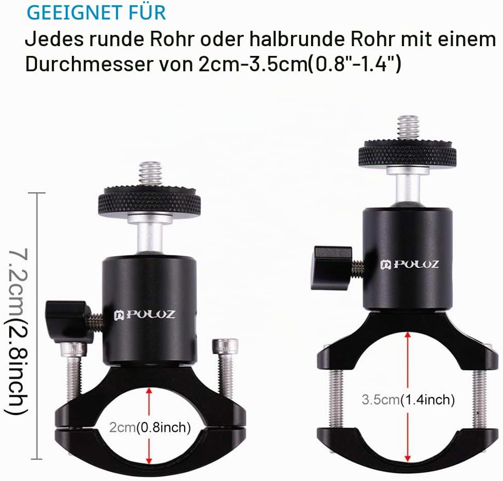 Detalle de PULUZ Fahrrad-Lenkerhalterung für GoPro Hero 12/11/10/9/8/7/6 – Aluminium, 20–35 mm Durchmesser, 1/4-Zoll Gewinde