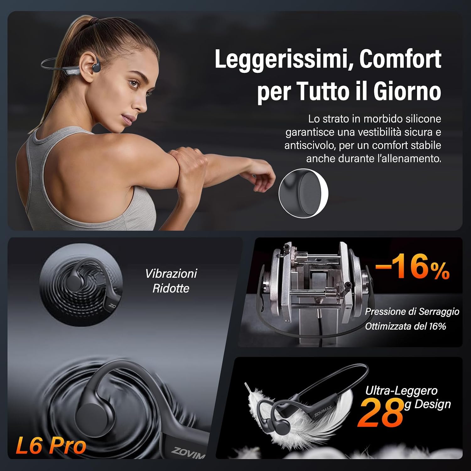 Detalle de Cuffie a conduzione ossea Bluetooth 6.0 Open-Ear con display LED, doppia connessione e IP67 – per corsa e ciclismo