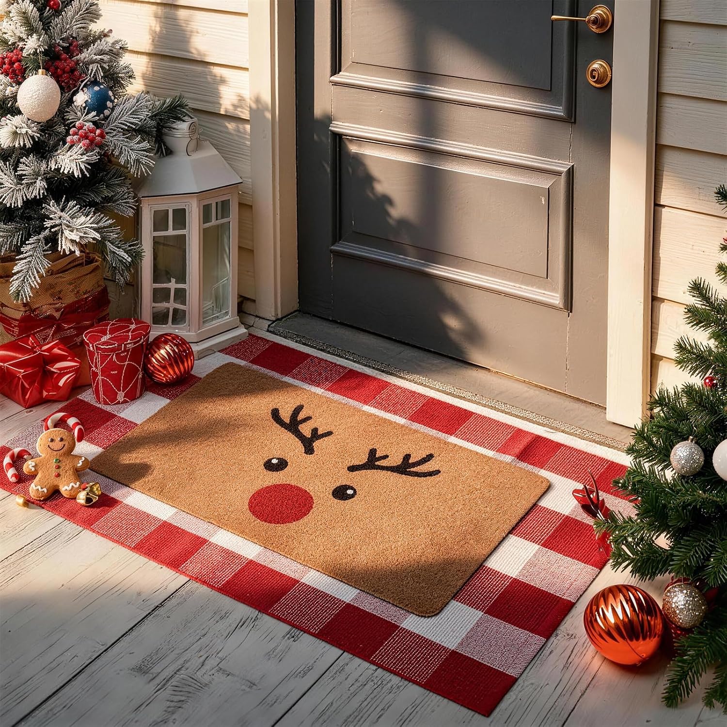 Detalle de PIXFAIRY Christmas Layered Doormat Set, Reindeer Coir and Red Plaid Cotton