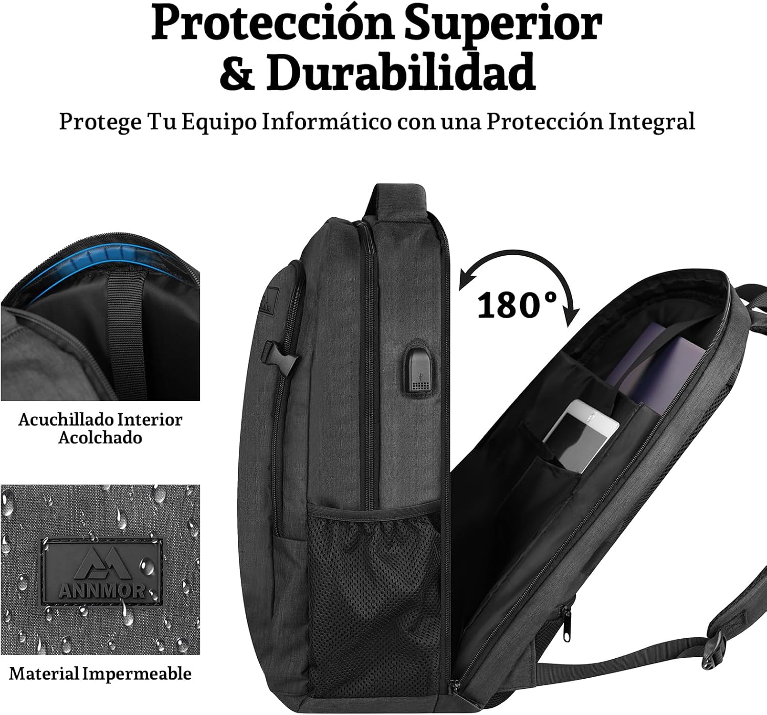 Detalle 2 de ANNMOR Mochila portátil 15,6–17,3" con puerto USB y apertura 180° tipo maleta, negro