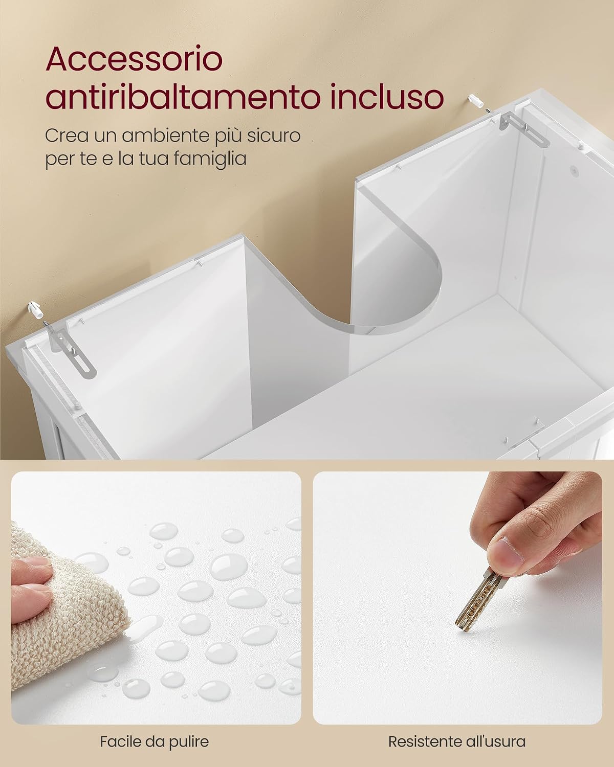 Thumbnail 6 de VASAGLE Mobile Sottolavabo BBC011W01: Mobiletto da Bagno con 2 Ante e Ripiano Regolabile, 40 x 70 x 70 cm, Bianco Nuvola