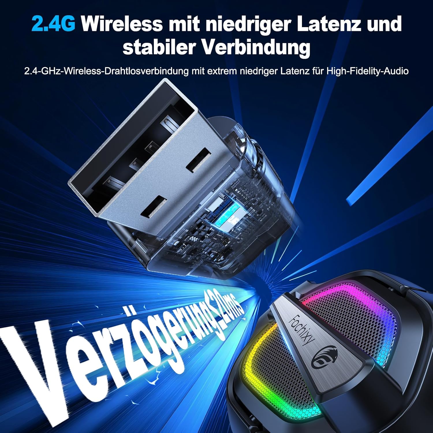 Detalle 2 de Fachixy Wireless Gaming Headset – 2,4-GHz, RGB, Multi-Plattform-Kompatibilität