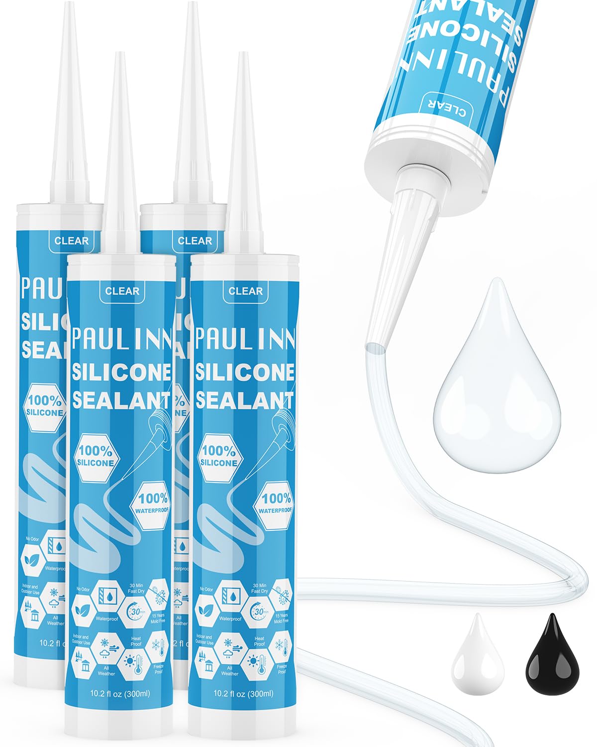 Detalle de PAULINN Clear Silicone Sealant, 10.2 oz, 4-Pack for Waterproof Sealing
