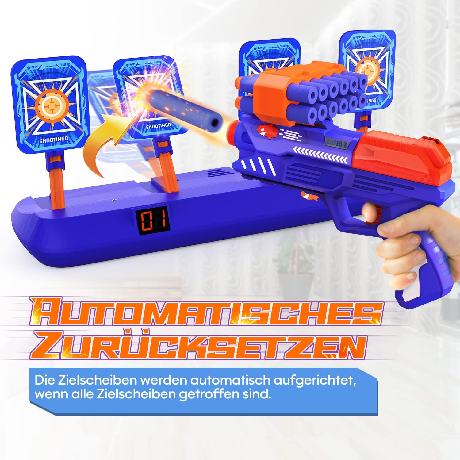 Thumbnail 2 de Zookao Kinder-Spielzeugpistole mit automatischen Zielscheiben & digitaler Trefferanzeige (blau)