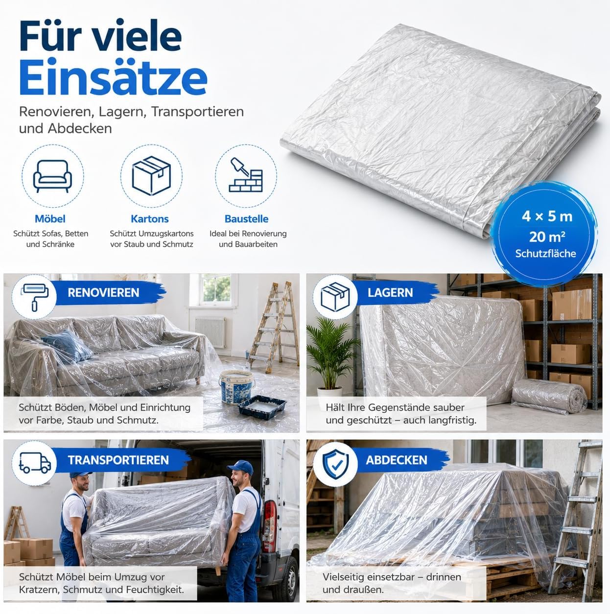 Thumbnail 6 de 6-pack målarpresenning 4 x 5 m – transparent och extra stark täckfolie