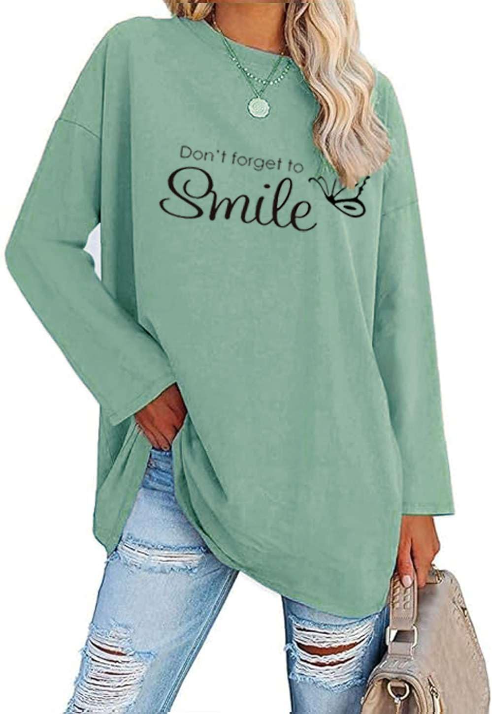 Detalle de Teesho Damen Oversized Baumwoll-T-Shirt Langarm/Kurzarm – vielseitiges Oberteil für Alltag