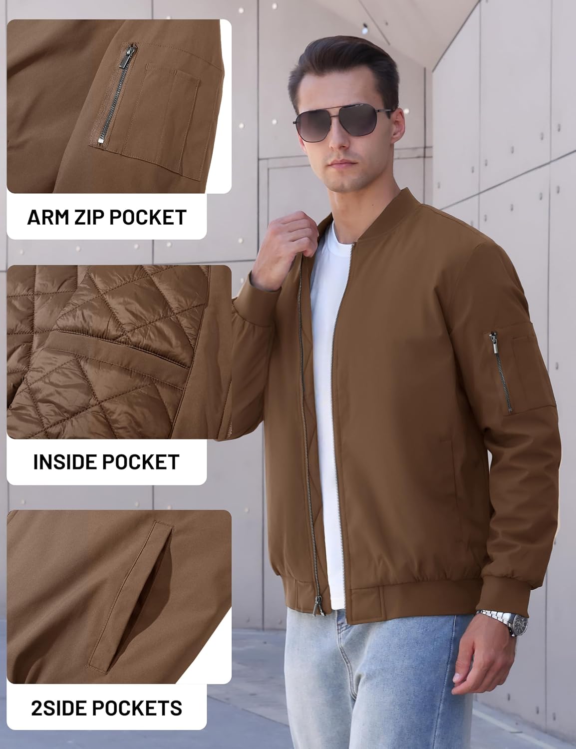 Detalle 1 de TACVASEN WSTACV-1076-Black-M Men's Quilted Bomber Jacket, Water-Resistant
