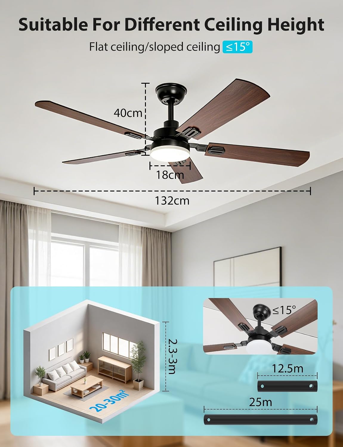 Detalle de Aigostar Ventilador de Techo con Luz 52" (Ø132 cm) – Silencioso, DC Reversible y Control Remoto