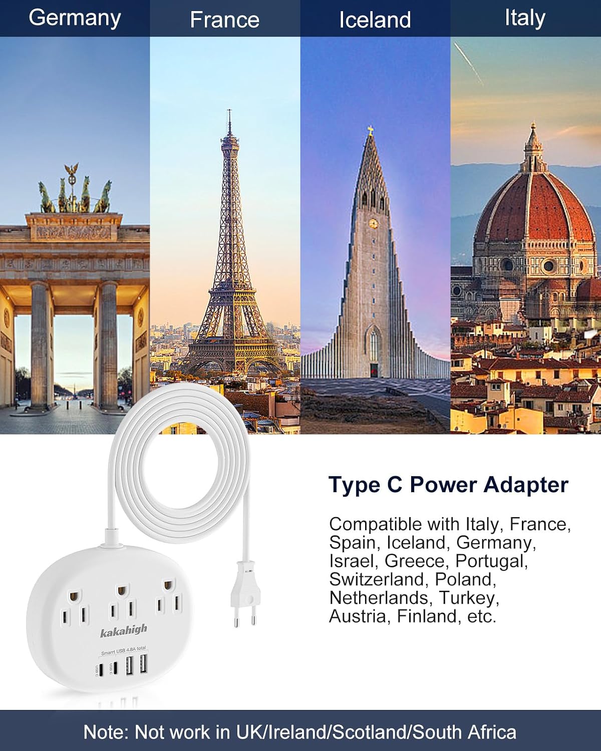 Detalle 2 de kakahigh European Travel Plug Adapter with 3ft Extension Cord, 3 Outlets & 4 USB Ports