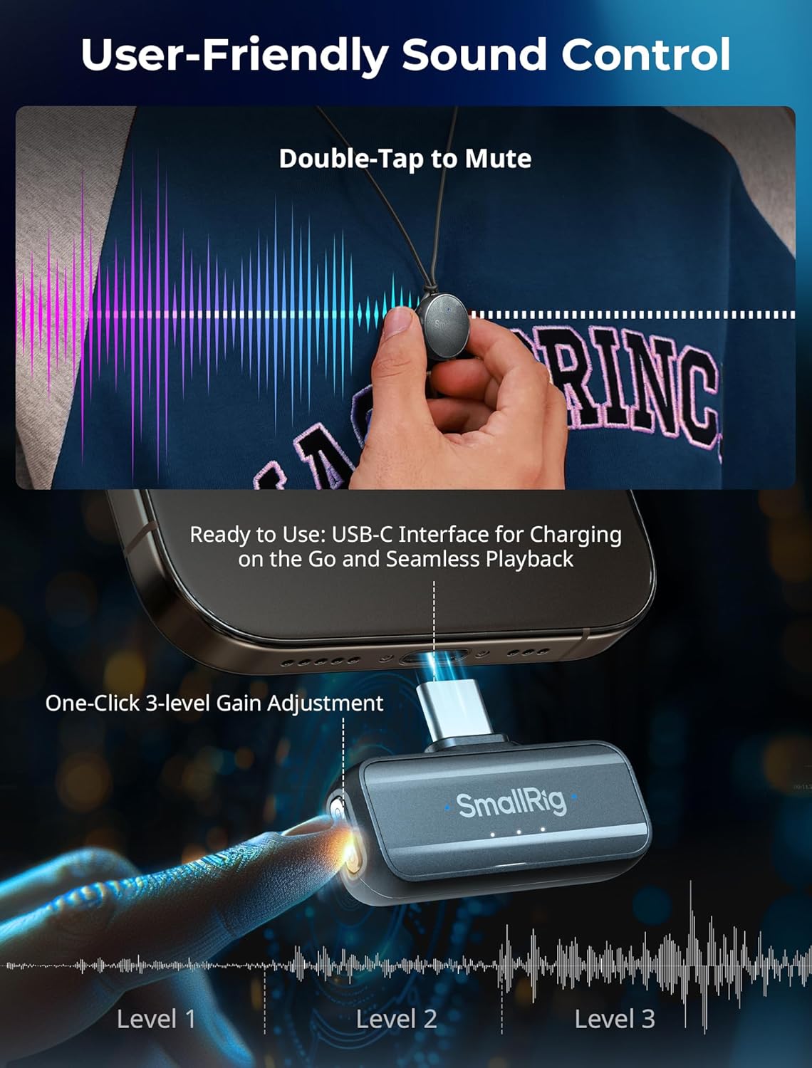 Thumbnail 4 de SmallRig S60 Microphone Lavalier sans fil avec USB-C pour iPhone et Android — Mini Mic, 44 h, réduction de bruit et gain réglable