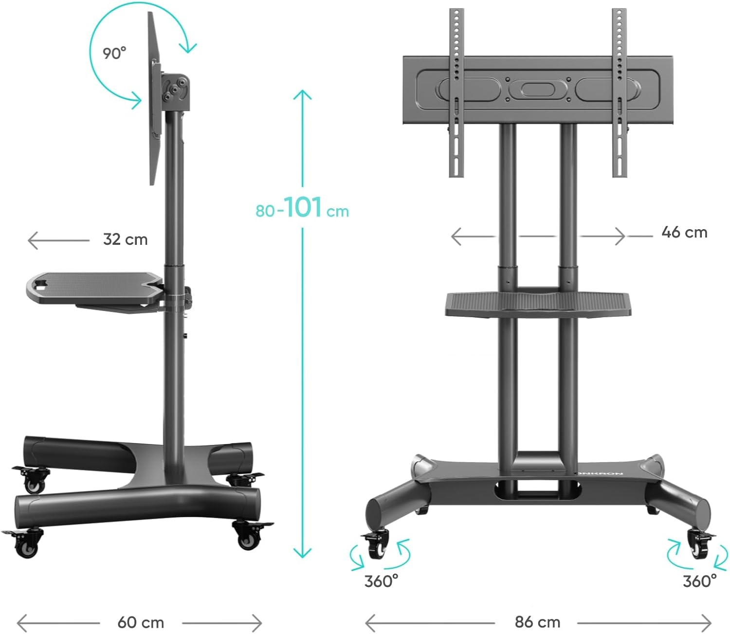 Thumbnail 6 de ONKRON TS1350-B mobiler TV-Ständer mit Rollen für 32–70 Zoll, höhenverstellbar & neigbar (VESA bis 600×400)