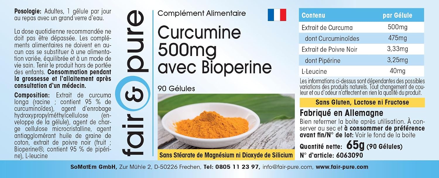 Detalle de Fair & Pure Curcumin 500 mg mit Bioperine – 90 Kapseln, vegan, in Deutschland hergestellt