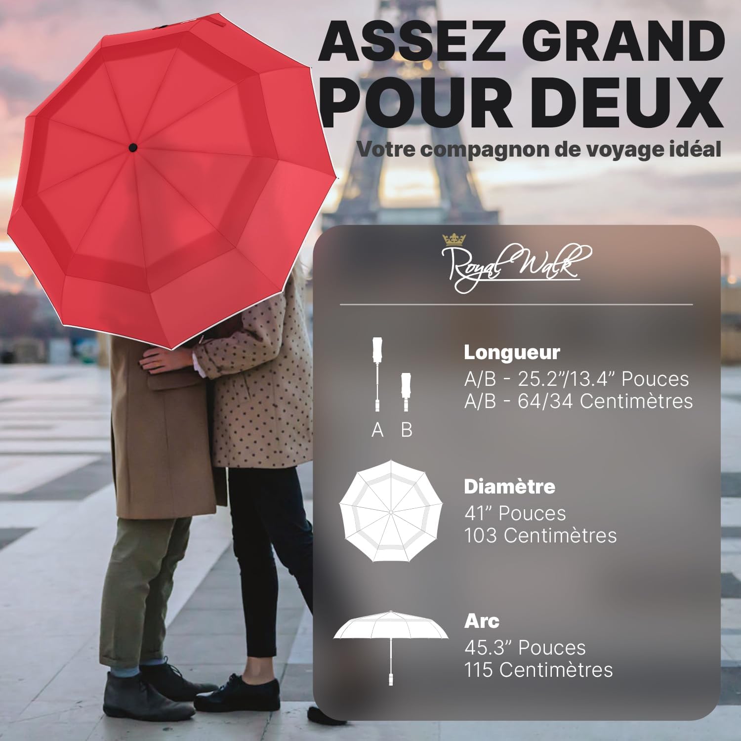 Thumbnail 1 de Royal Walk Parapluie de poche résistant au vent, automatique, double toit et poignée en bois (L, rouge)