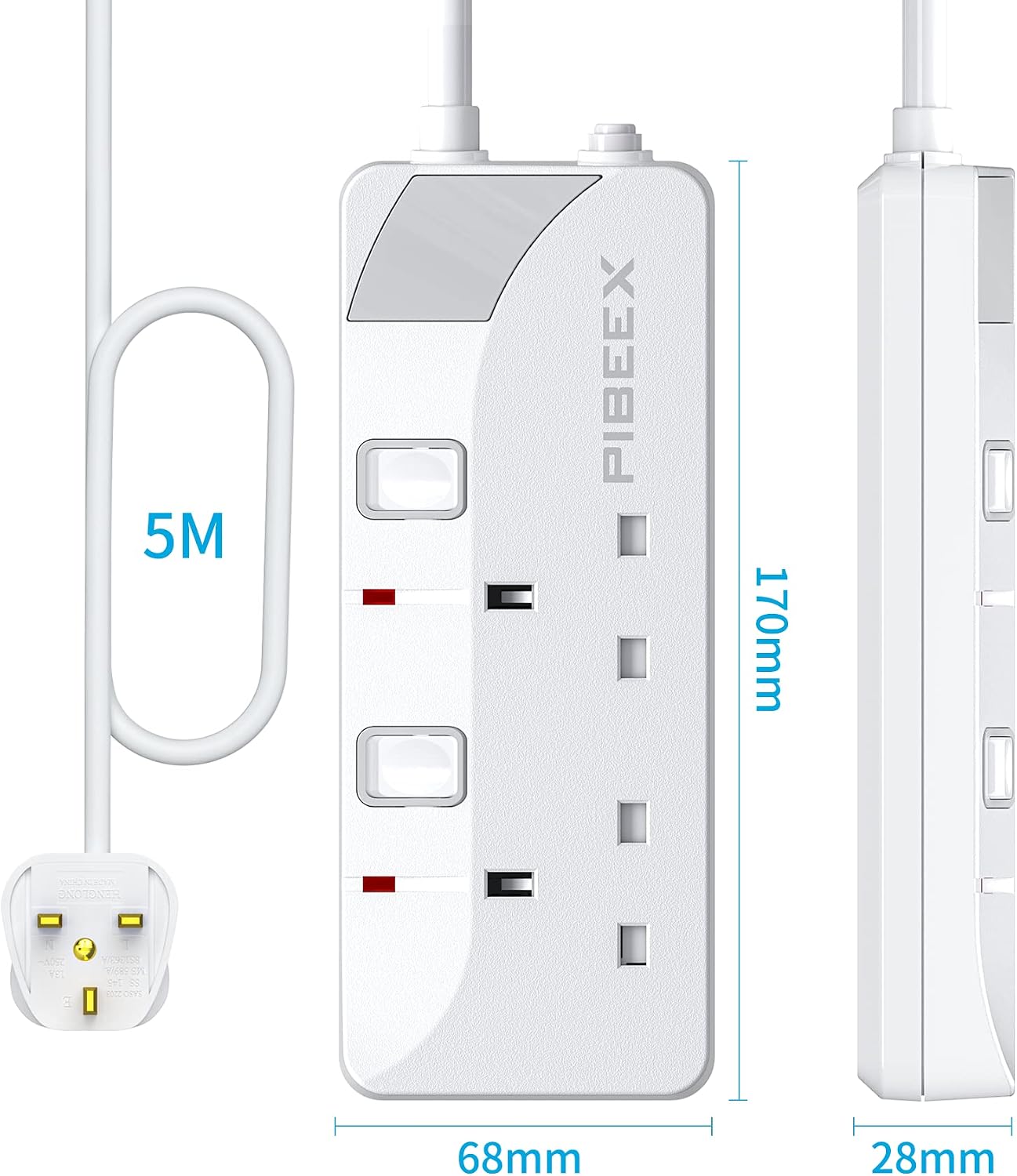 Thumbnail 6 de PIBEEX Extension Lead 2-Way with 5m Cable and Independent Switches (UK 13A, 2-Gang)