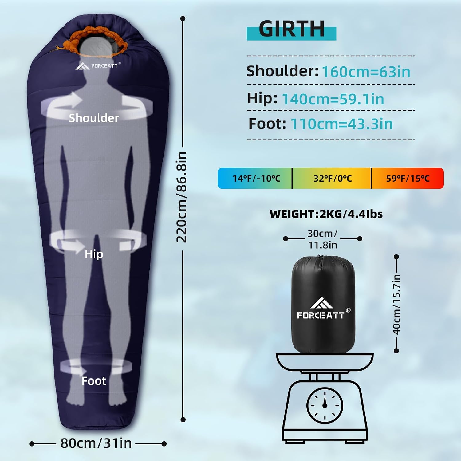 Detalle 2 de Forceatt Schlafsack -10°C–15°C 4 Jahreszeiten