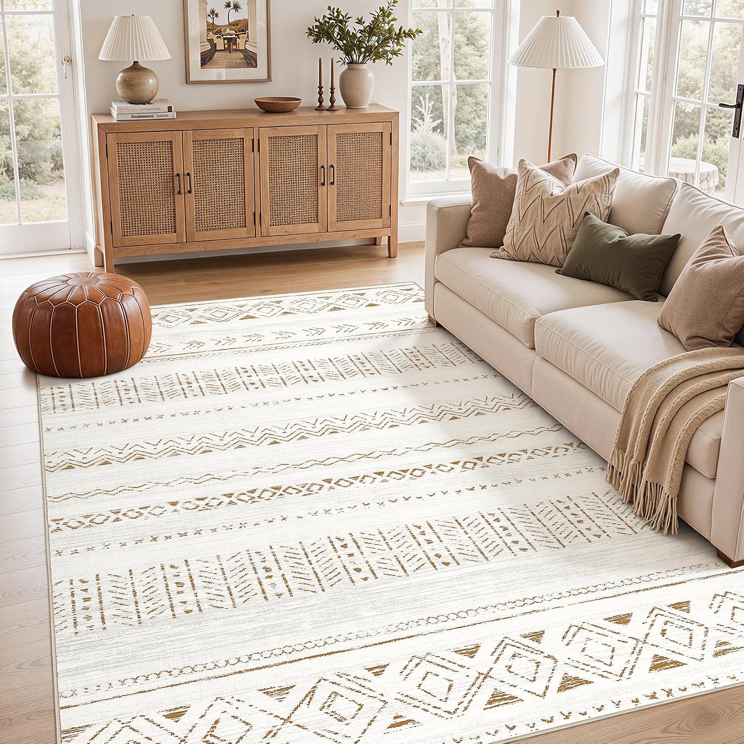 Detalle de cotiled 5x7 Boho Washable Area Rug with Non-Slip Backing (Brown/Cream)