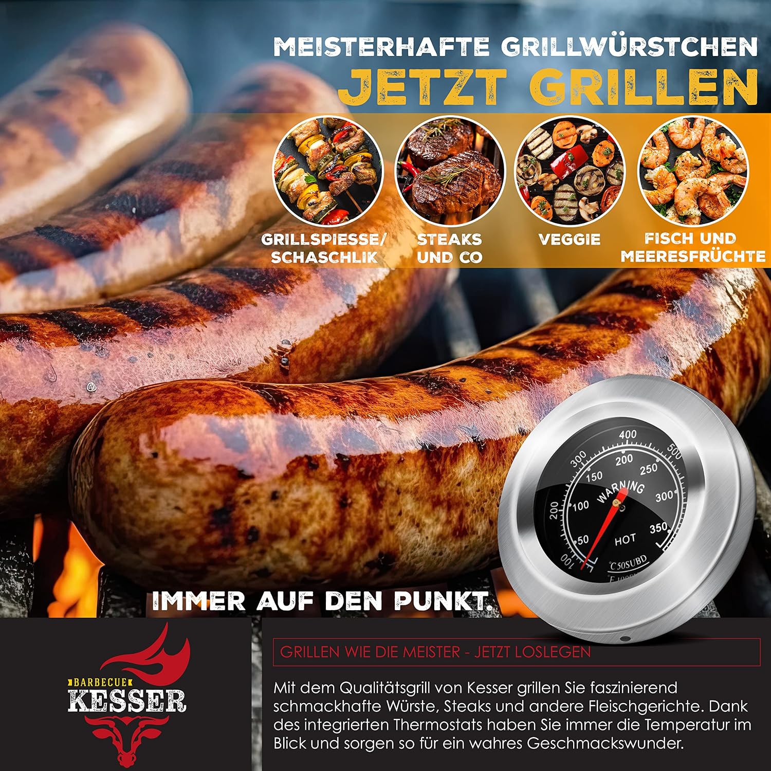 Detalle de KESSER Parilla de Carbón con Carrito y Tapa XL – BBQ grande con termómetro y almacenamiento