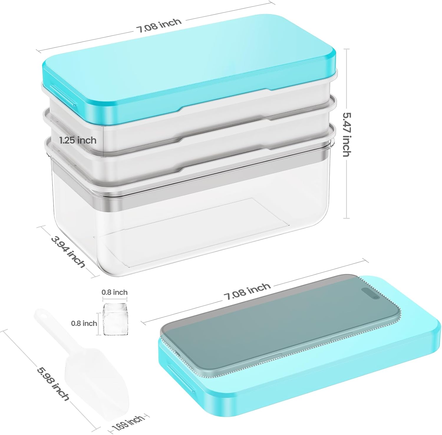 Detalle de PHINOX 28ICEBLU3 Ice Cube Tray Set, 84 Mini Cubes with Lid and Bin