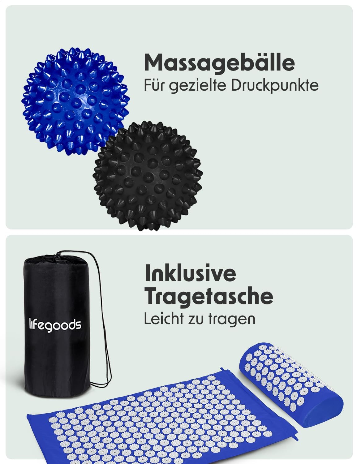 Detalle de LifeGoods Akupressurmatte mit Kissen – Akkupressmatte/Stachelmatte für Rücken, Nacken & Entspannung