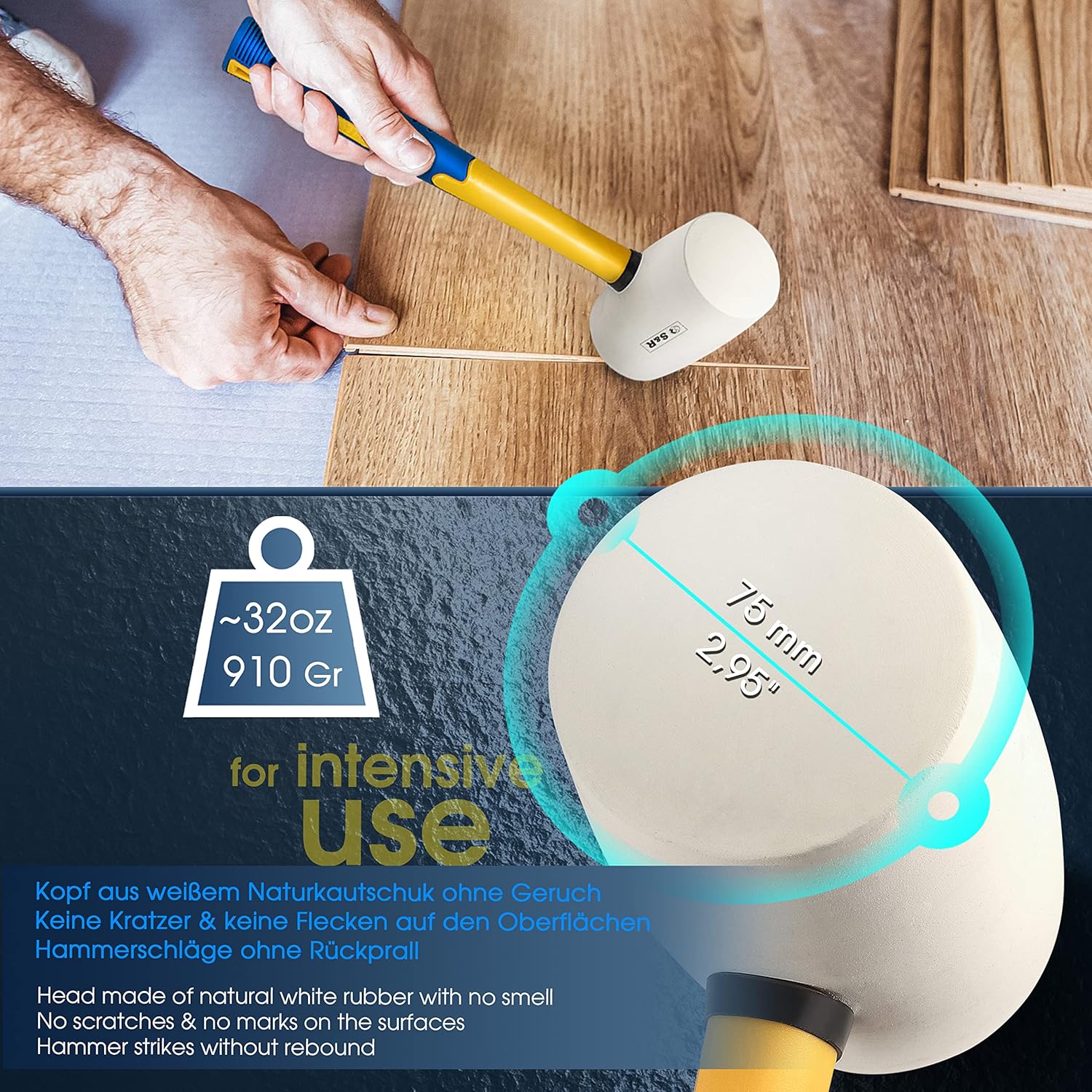 Detalle de S&R Gummihammer Groß Weiß 75mm, 910g – Schonhammer, rückschlagfrei & vielseitig einsetzbar