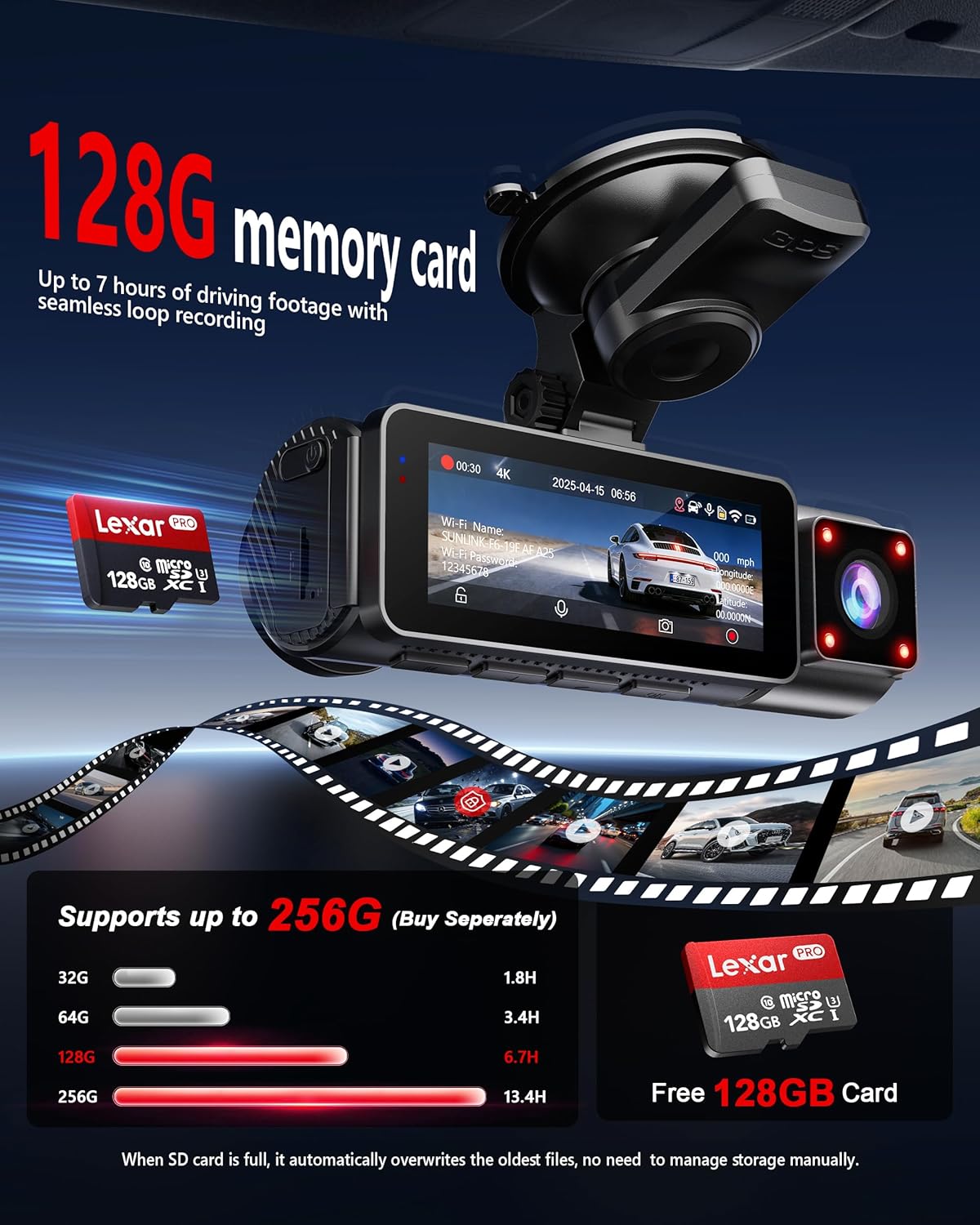 Thumbnail 3 de FAIMEE 4K+2K+2K 3-Channel Dash Cam (Front + Inside + Rear) with 128GB Card, Dual Wi‑Fi, GPS, Night Vision