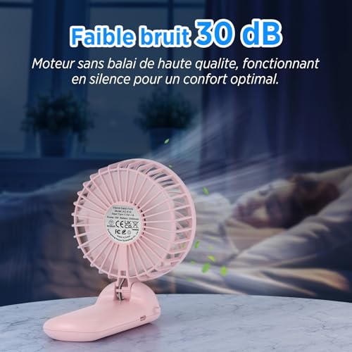 Detalle de Lepwings Mini Ventilateur Portable USB Rechargeable — 4 vitesses, autonomie jusqu'à 16 h, rotation 180°, blanc