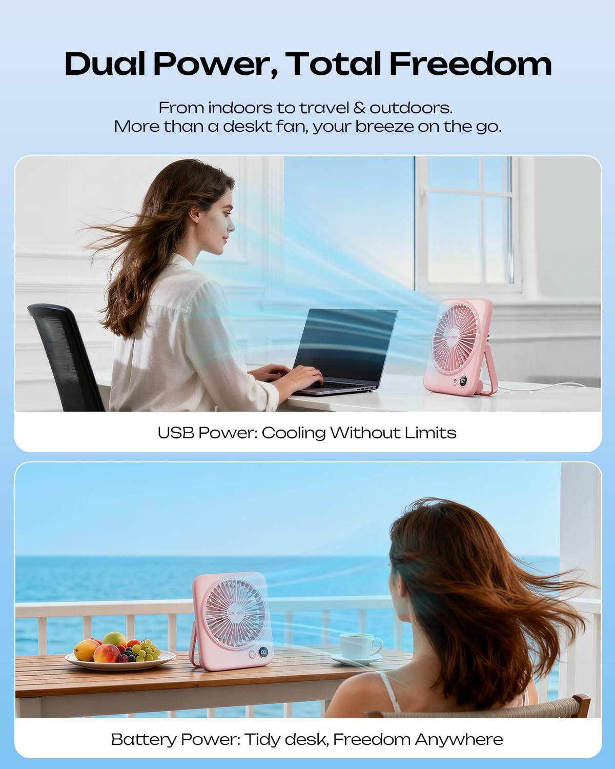 Detalle 2 de Otlonpe S-F16A Rechargeable Desk Fan, 4-Speed, Folding, LED Display, Pink